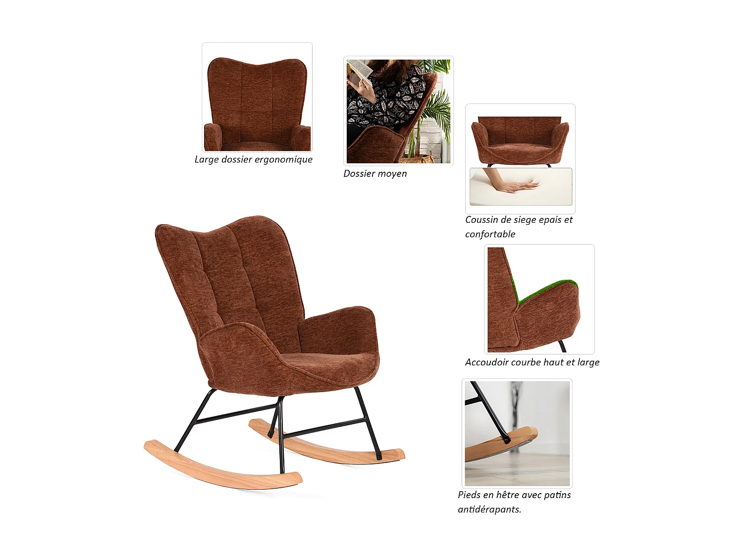 Fauteuil à bascule rocking chair à dossier moyen en tissu chenille style scandinave,KANASROCK