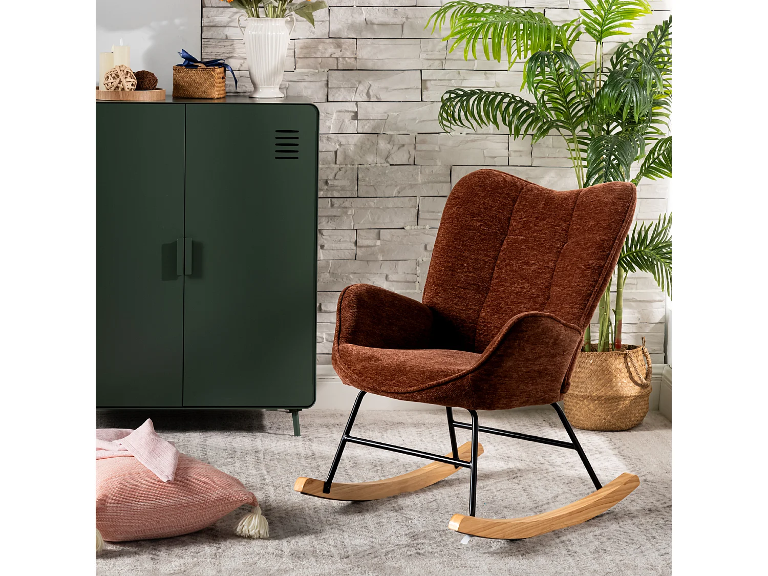 Fauteuil à bascule rocking chair à dossier moyen en tissu chenille style scandinave,KANASROCK