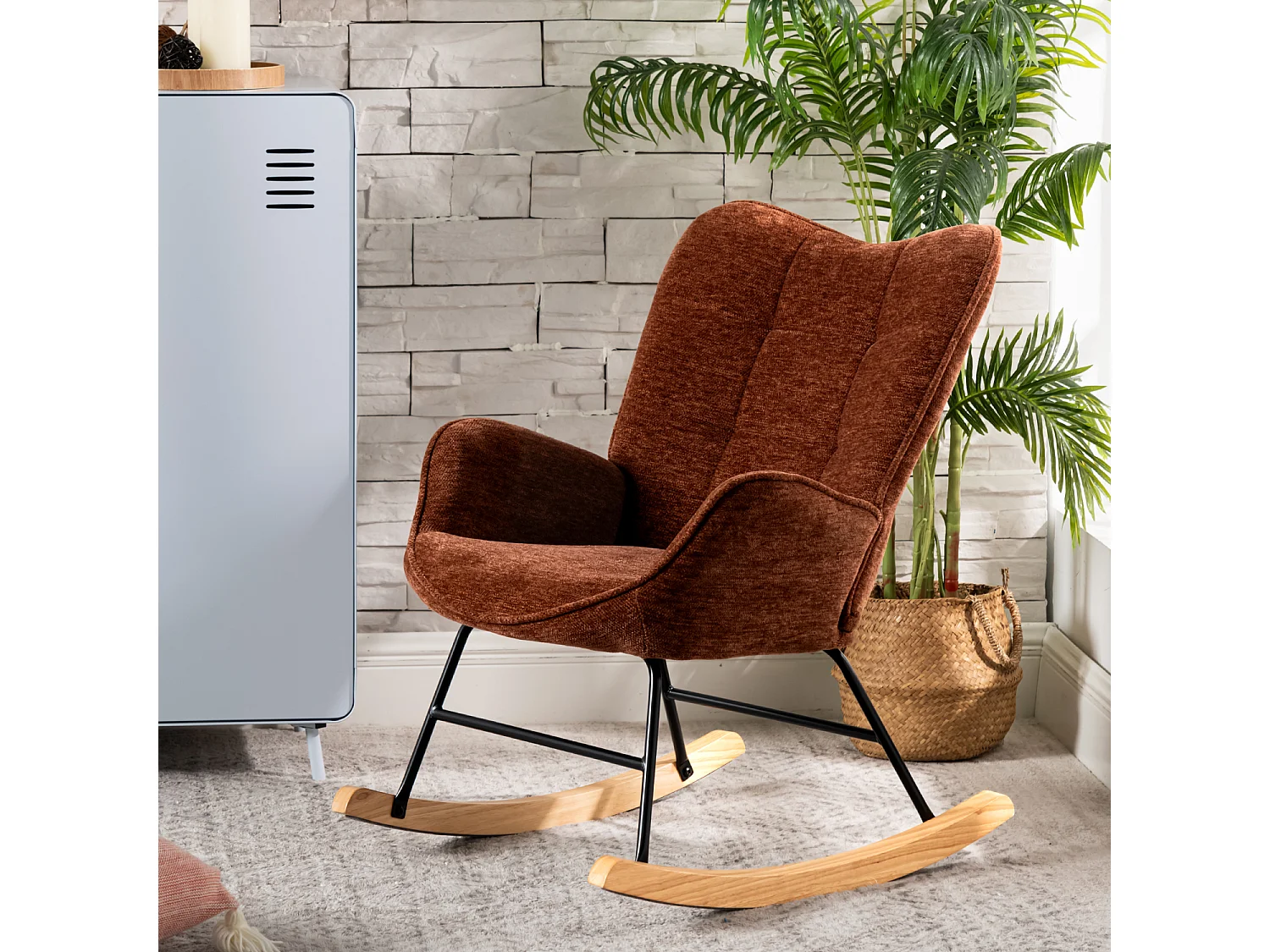 Fauteuil à bascule rocking chair à dossier moyen en tissu chenille style scandinave,KANASROCK