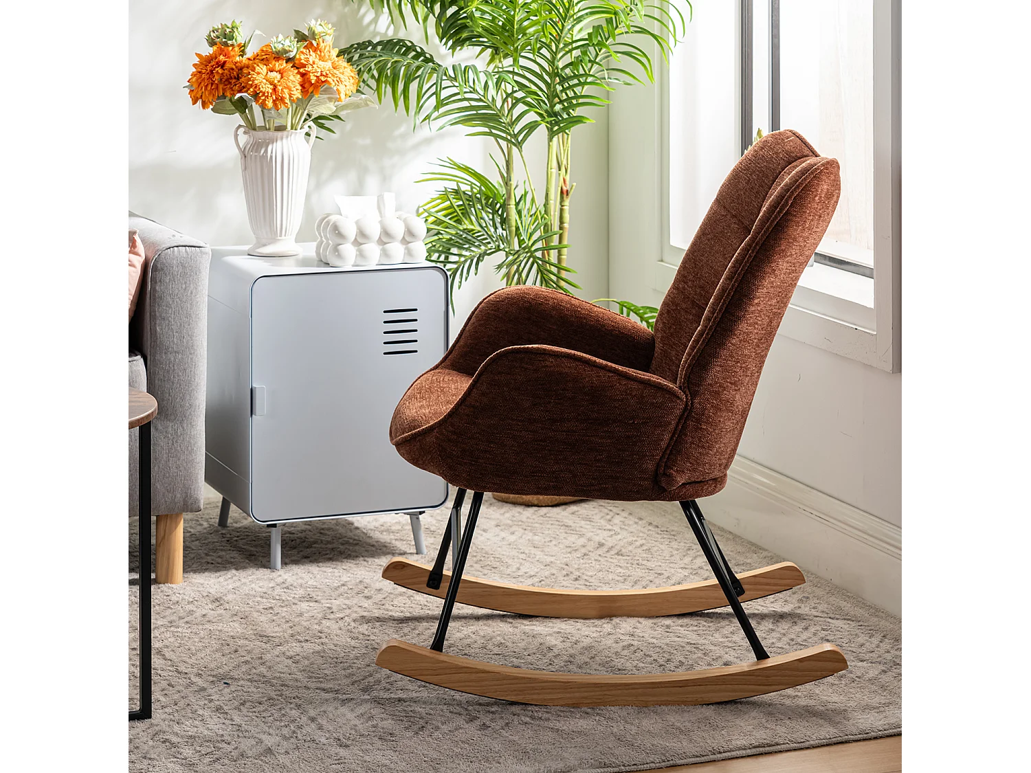 Fauteuil à bascule rocking chair à dossier moyen en tissu chenille style scandinave,KANASROCK