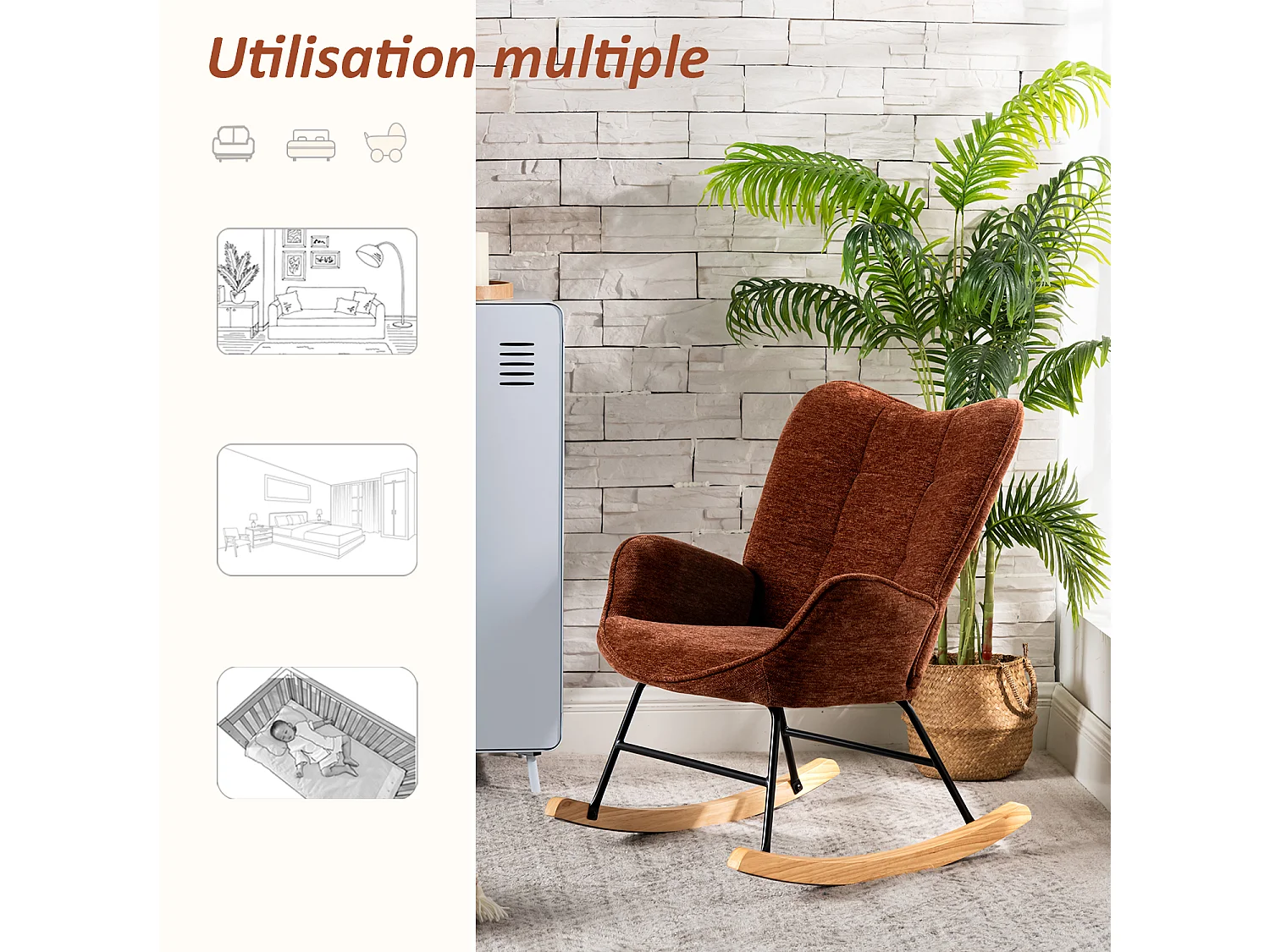 Fauteuil à bascule rocking chair à dossier moyen en tissu chenille style scandinave,KANASROCK