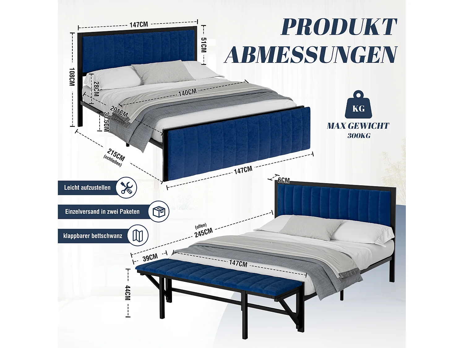 Tweepersoonsbed 140x200 cm, met eindbank (neerklapbaar), met opberg- en organisatieruimte, fluweel, blauw