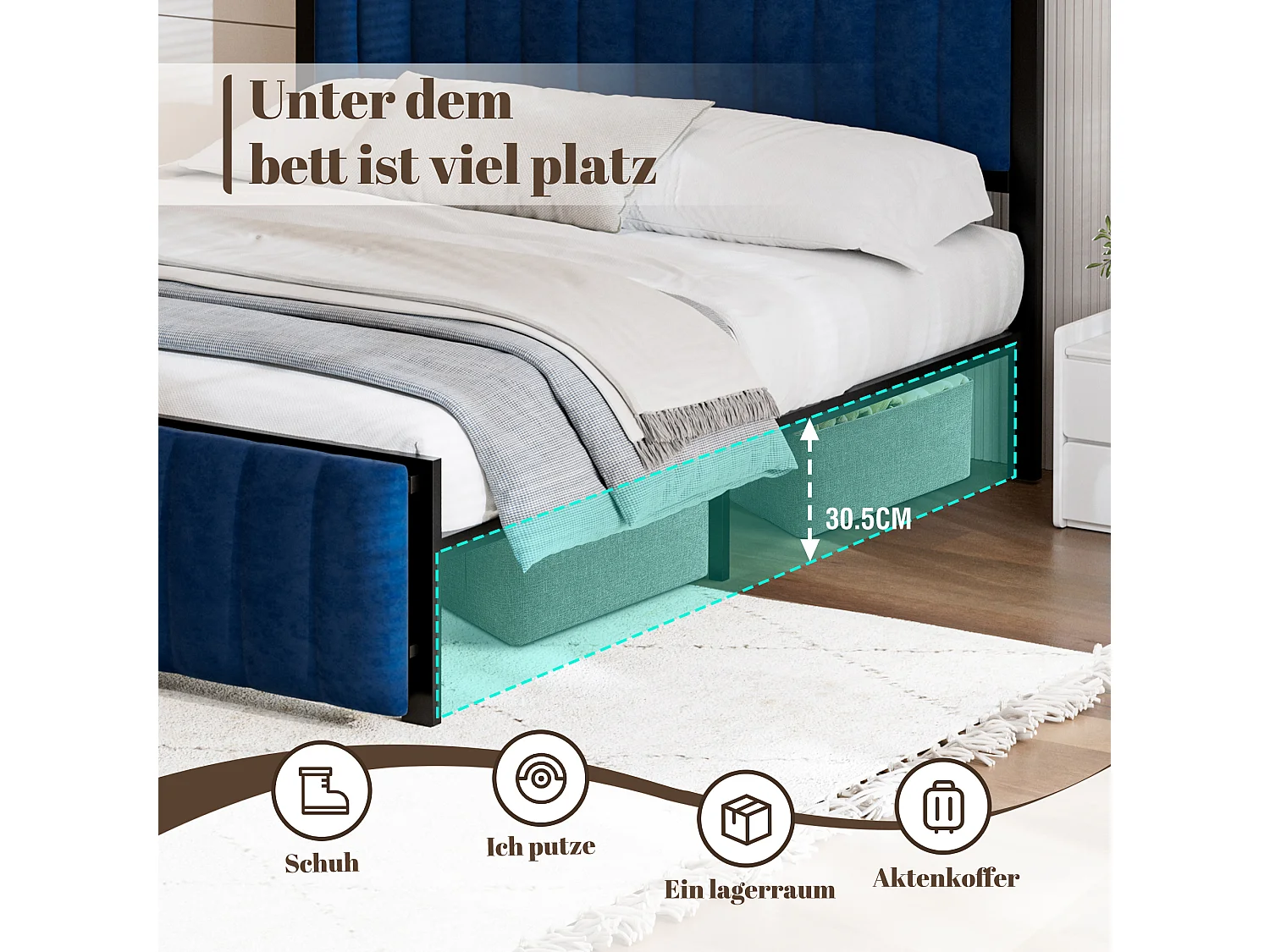 Tweepersoonsbed 140x200 cm, met eindbank (neerklapbaar), met opberg- en organisatieruimte, fluweel, blauw