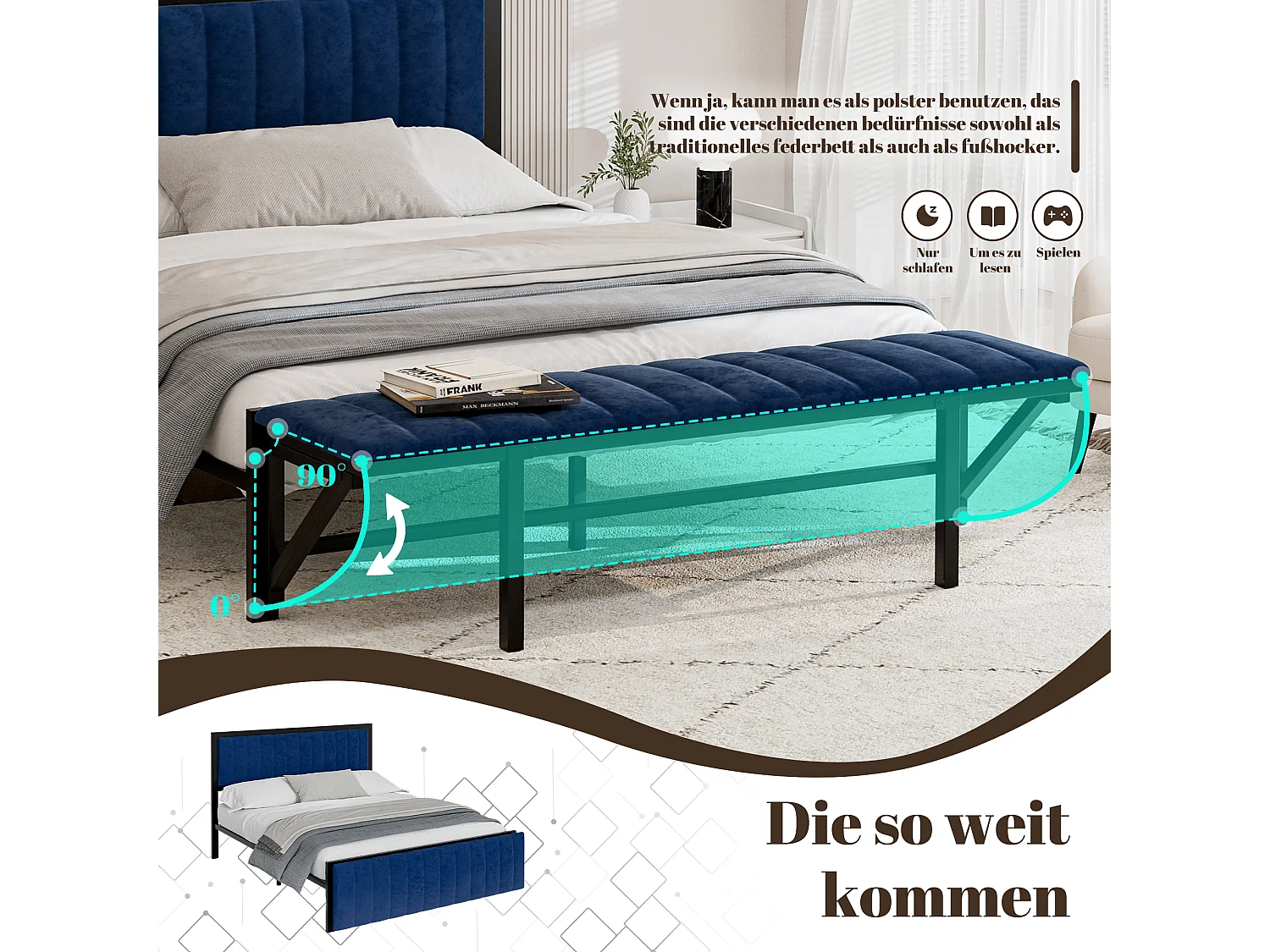 Tweepersoonsbed 140x200 cm, met eindbank (neerklapbaar), met opberg- en organisatieruimte, fluweel, blauw