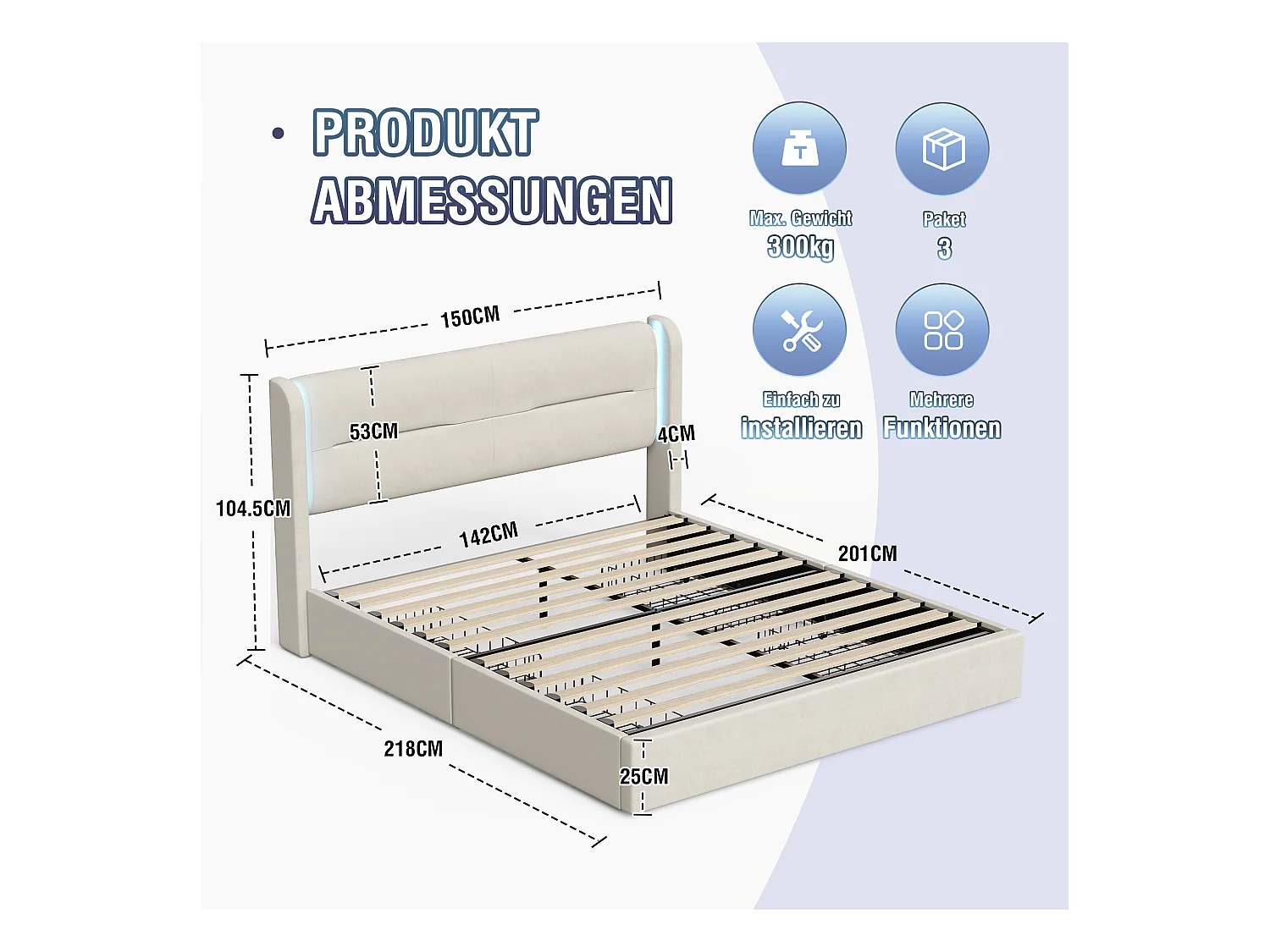 Lit double King-size 140 x 200 cm, avec éclairage LED, 4 tiroirs de rangement pratiques, deux ports USB et des ailes supplémentaires,beige