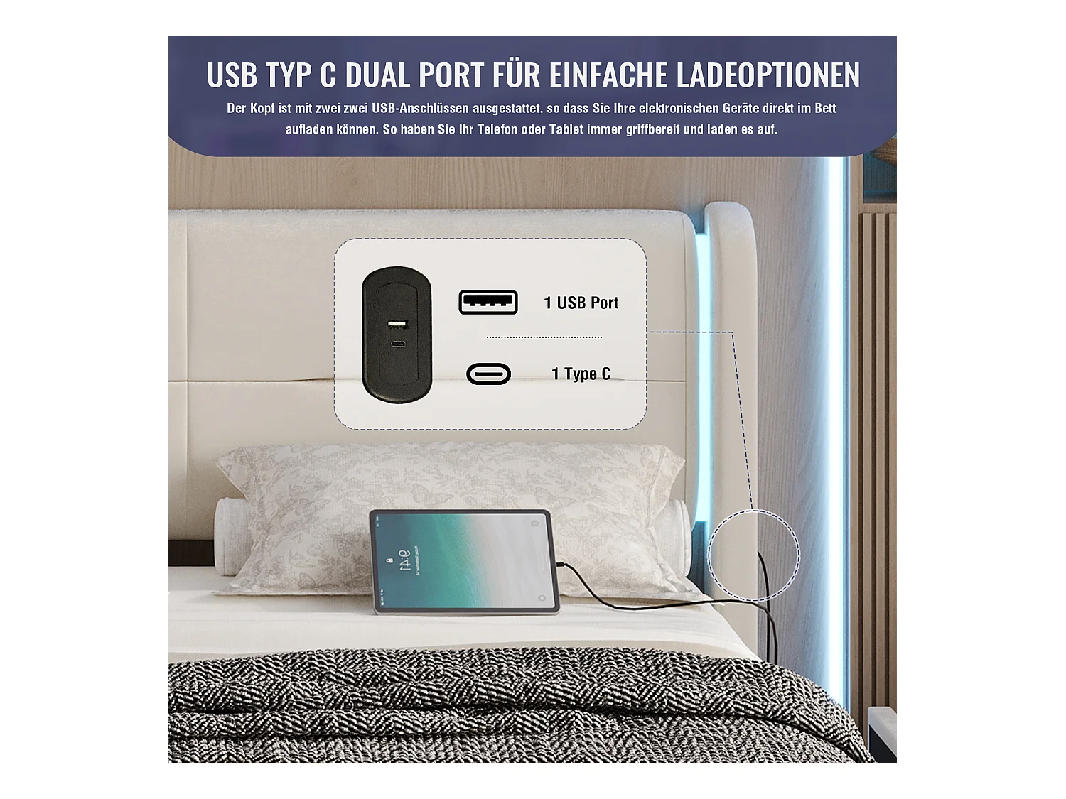 Lit double King-size 140 x 200 cm, avec éclairage LED, 4 tiroirs de rangement pratiques, deux ports USB et des ailes supplémentaires,beige