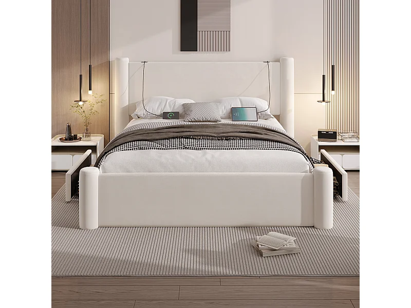 Lit rembourré 160x200 cm, design moderne, colonne 3D, 2 tiroirs de rangement et port USB intégré,Beige