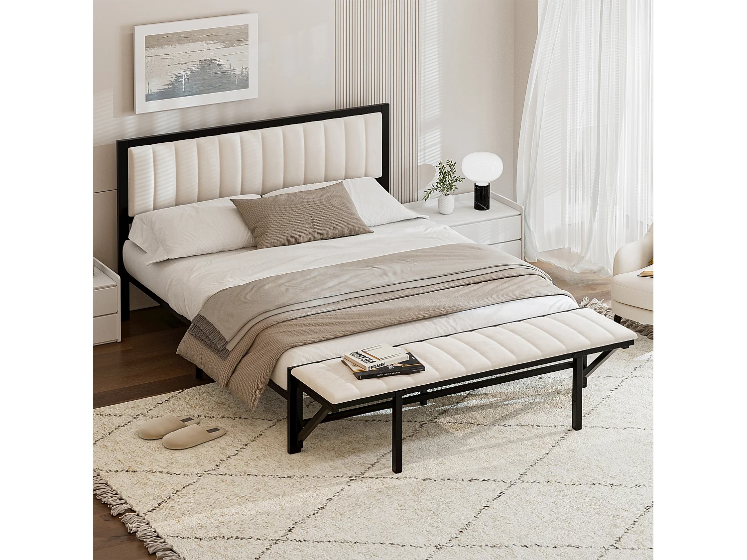 Lit double capitonné 140x200 cm, avec banquette d'extrémité (rabattable), sommier en fer, velours, beige