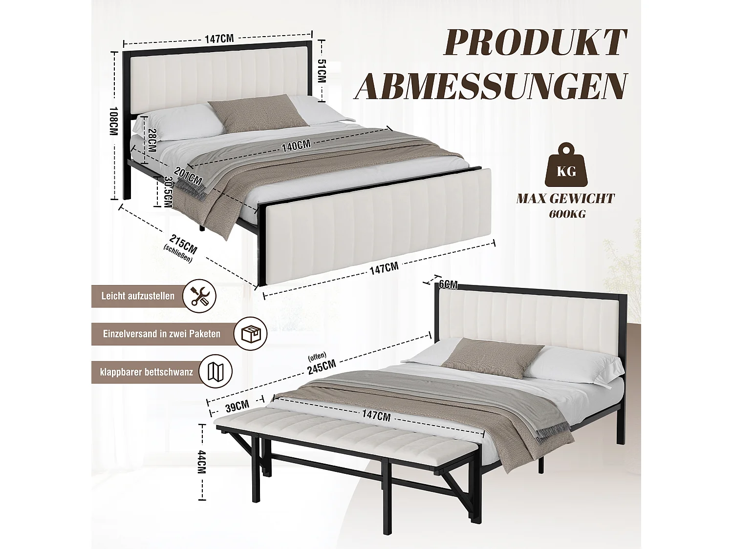 Lit double capitonné 140x200 cm, avec banquette d'extrémité (rabattable), sommier en fer, velours, beige