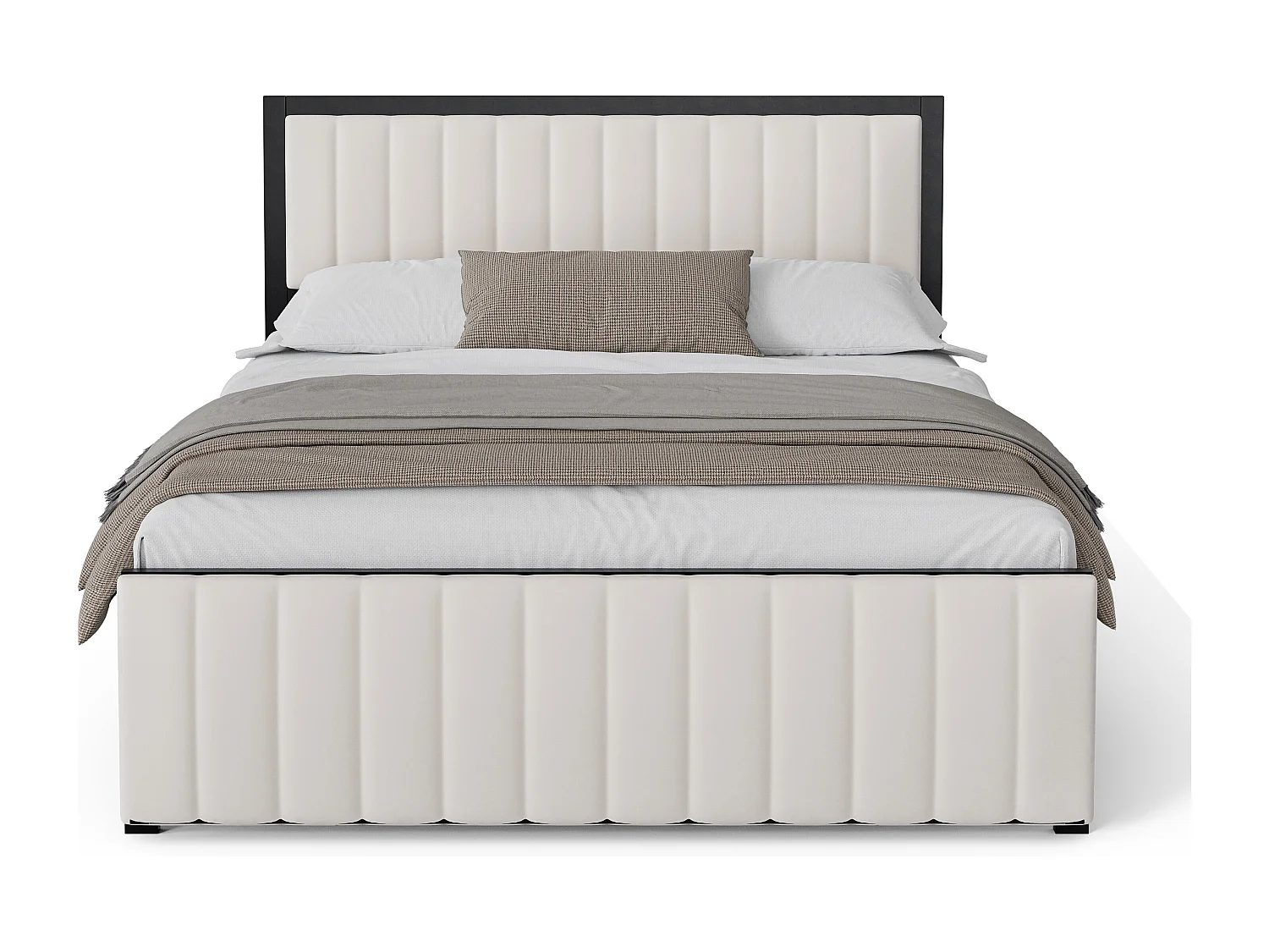 Lit double capitonné 140x200 cm, avec banquette d'extrémité (rabattable), sommier en fer, velours, beige