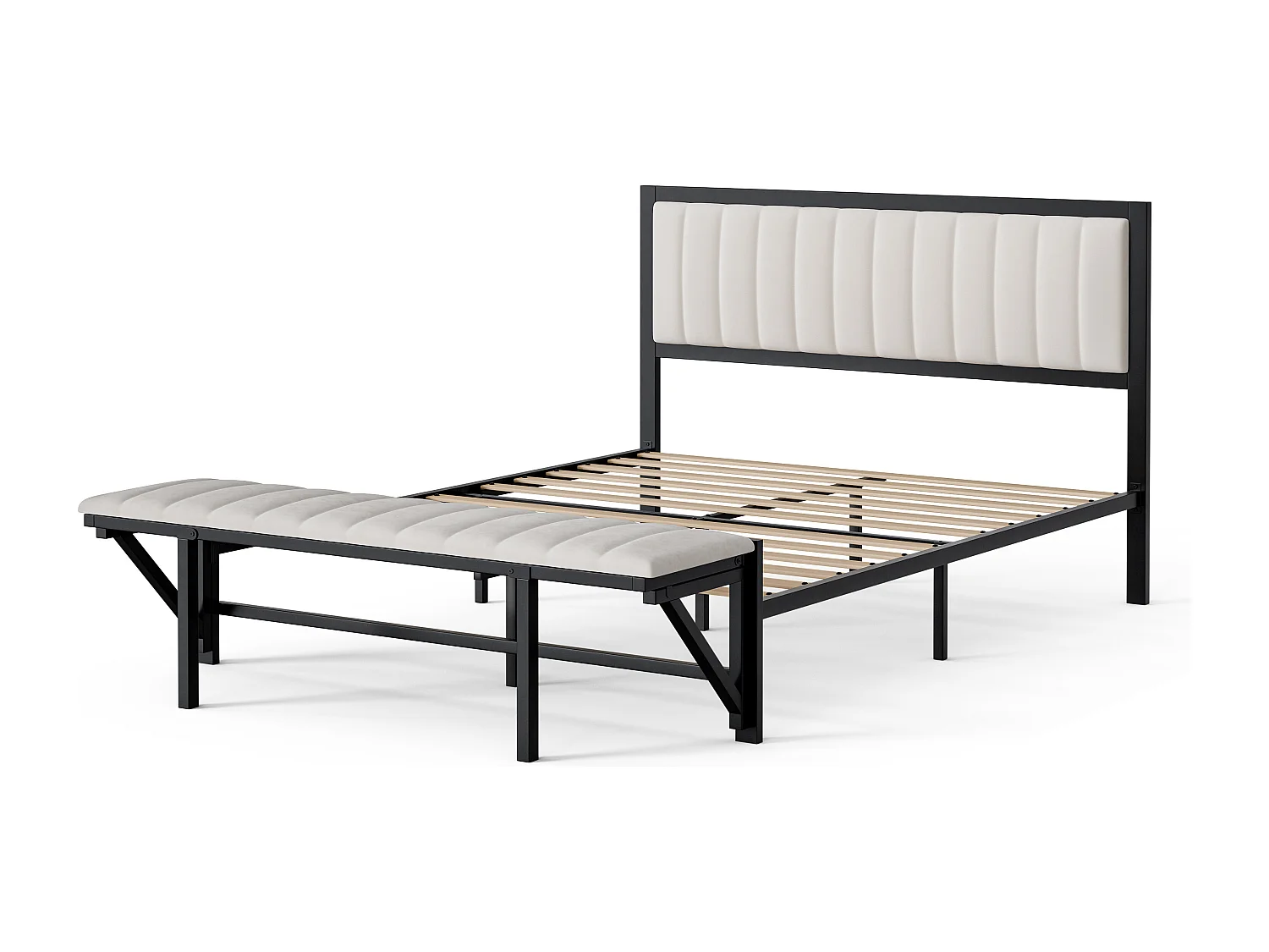 Lit double capitonné 140x200 cm, avec banquette d'extrémité (rabattable), sommier en fer, velours, beige