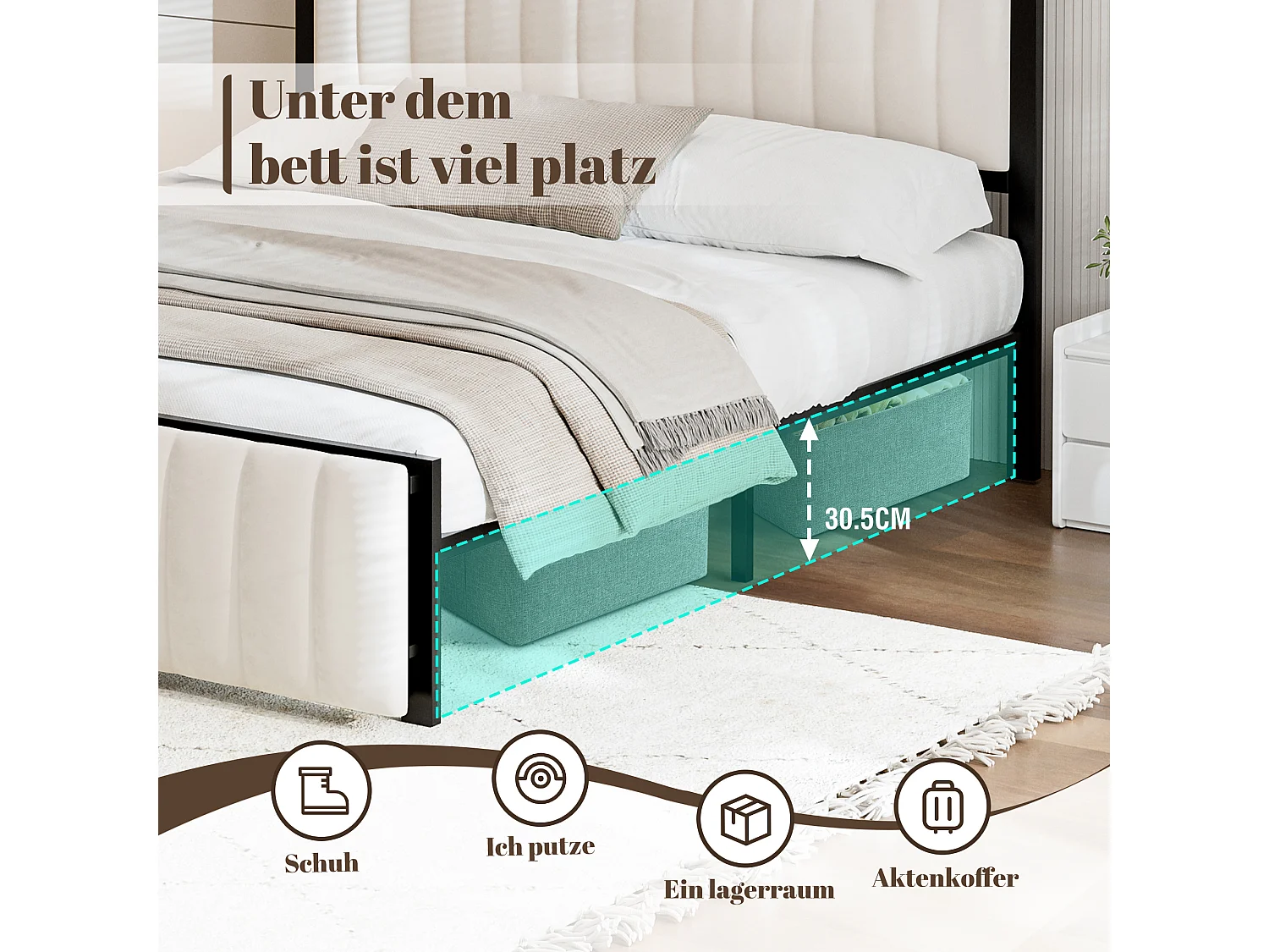 Lit double capitonné 140x200 cm, avec banquette d'extrémité (rabattable), sommier en fer, velours, beige