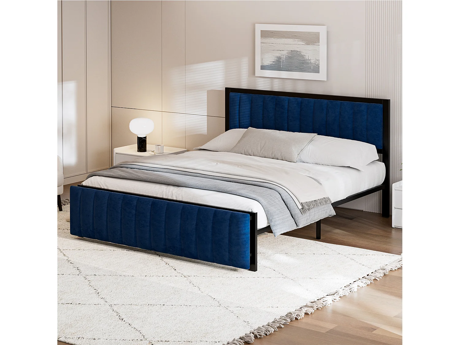 Lit double capitonné 160x200 cm, avec banquette d'extrémité (rabattable), avec espace de rangement et organisation, velours,blue