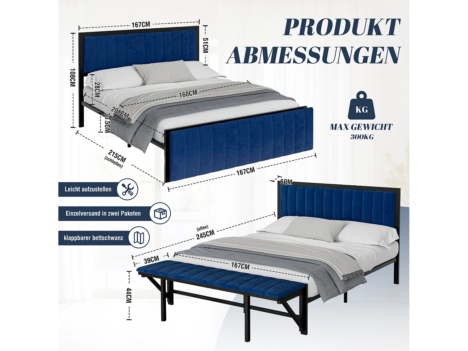 Lit double capitonné 160x200 cm, avec banquette d'extrémité (rabattable), avec espace de rangement et organisation, velours,blue