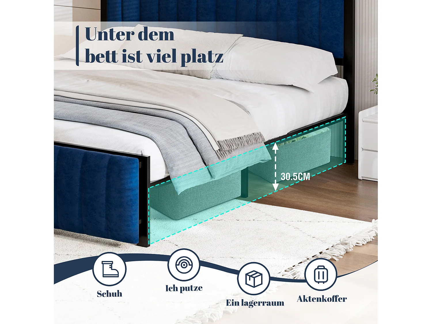 Lit double capitonné 160x200 cm, avec banquette d'extrémité (rabattable), avec espace de rangement et organisation, velours,blue