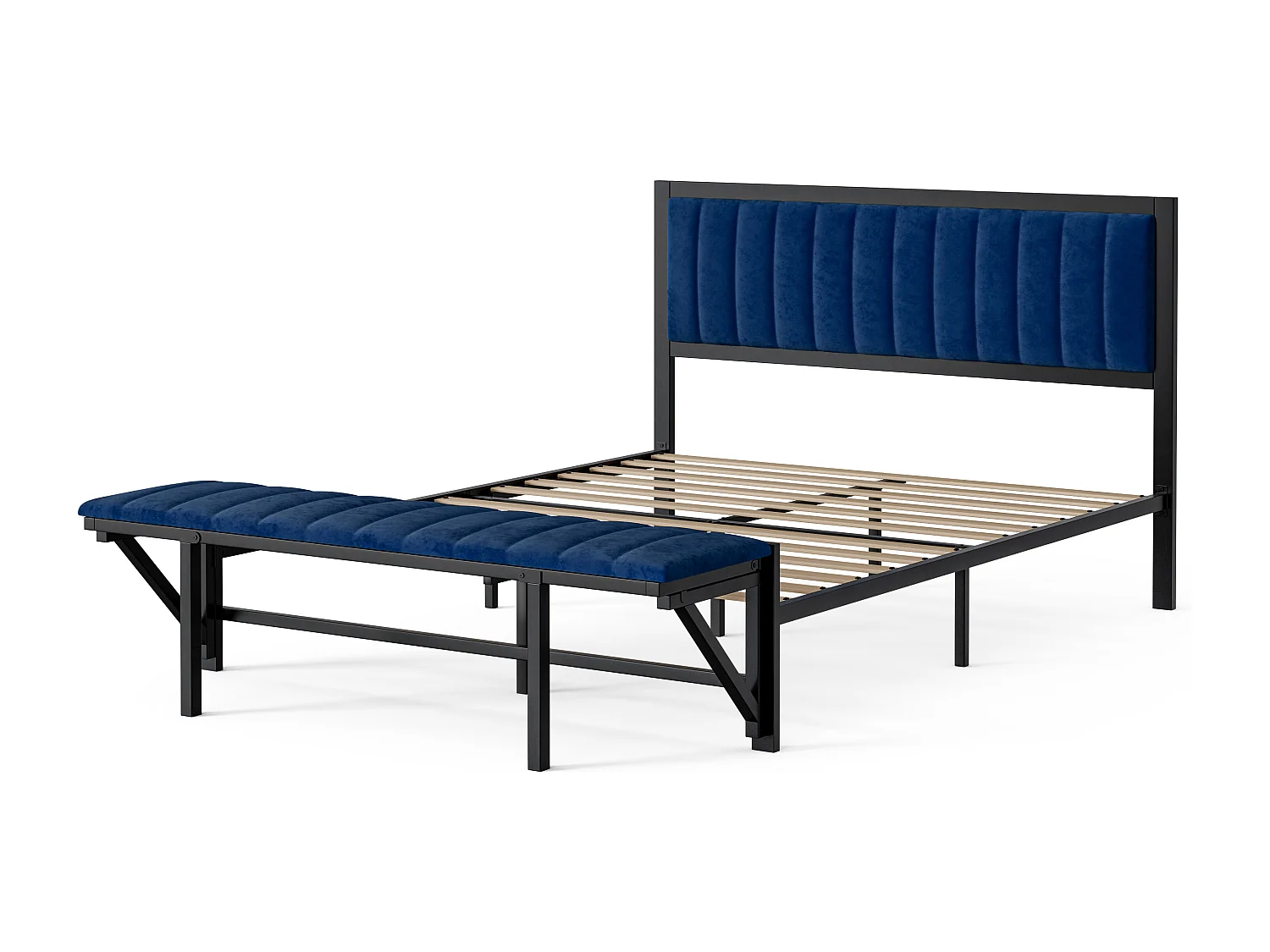 Lit double capitonné 160x200 cm, avec banquette d'extrémité (rabattable), avec espace de rangement et organisation, velours,blue