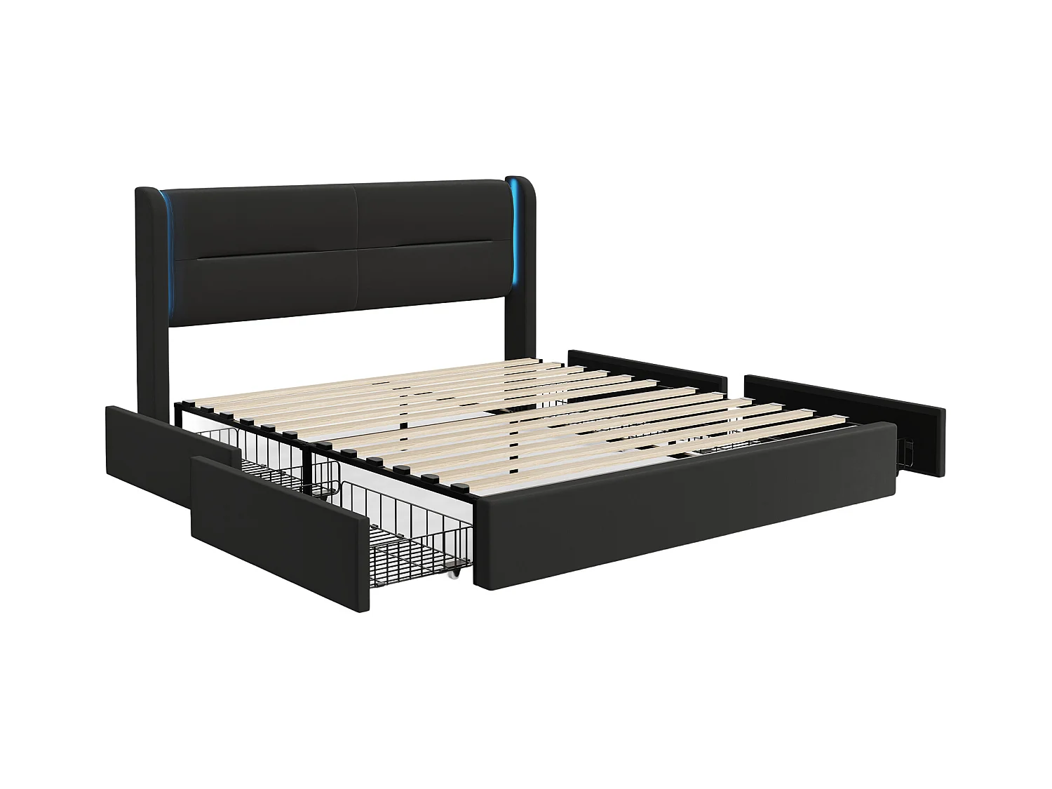 Lit double King-size 140 x 200 cm, avec éclairage LED, 4 tiroirs de rangement pratiques, deux ports USB et des ailes supplémentaires,noir