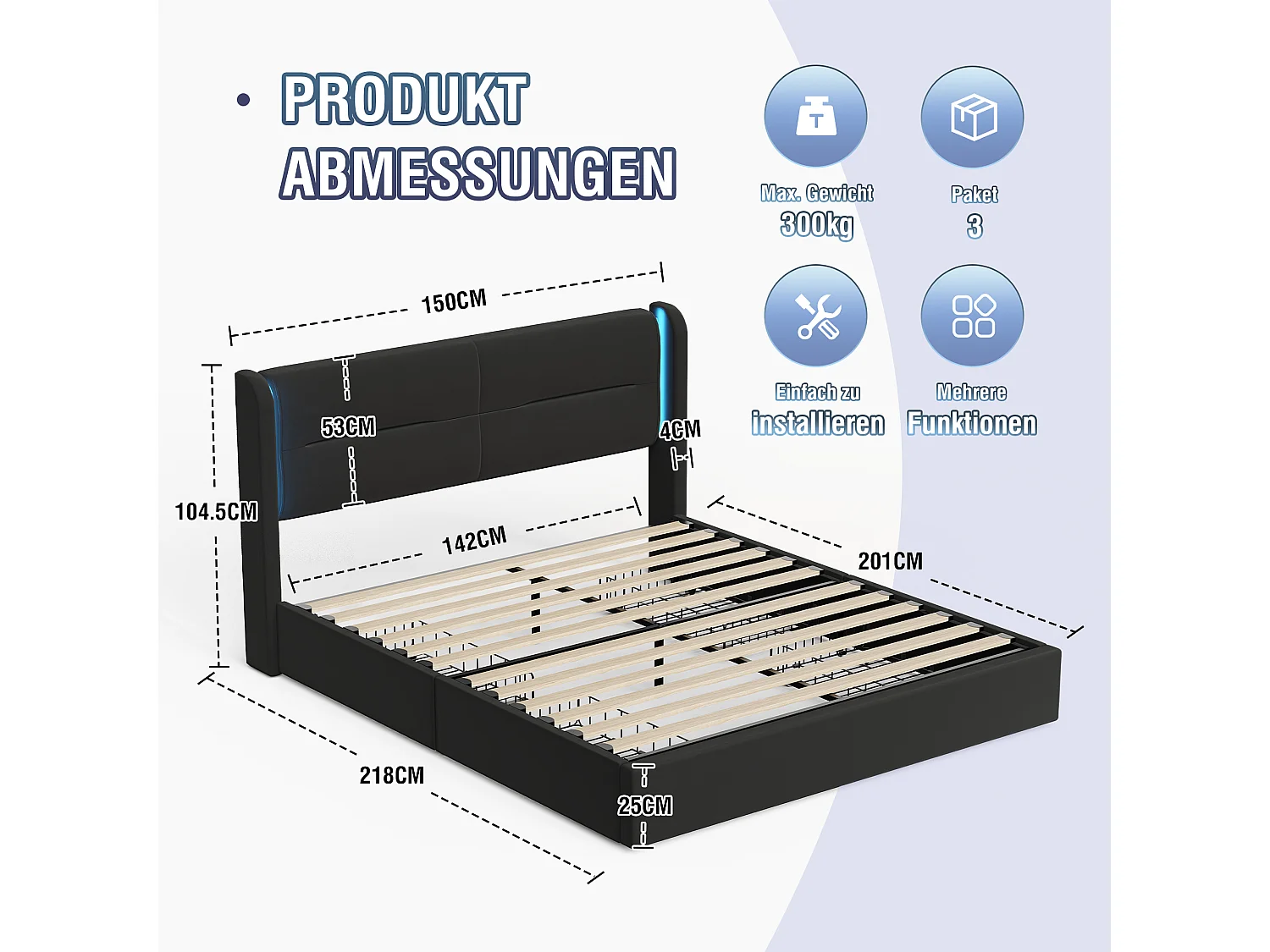 King-size tweepersoonsbed 140 x 200 cm, met LED-verlichting, 4 praktische opbergladen, twee USB-poorten en extra vleugels,zwart