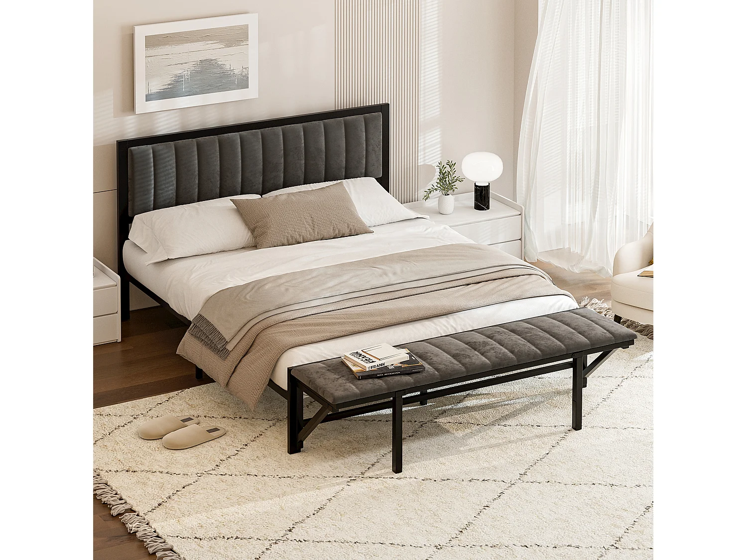 Cama de matrimonio tapizada 140x200 cm, con banqueta abatible, somier de láminas de hierro, terciopelo, gris oscuro