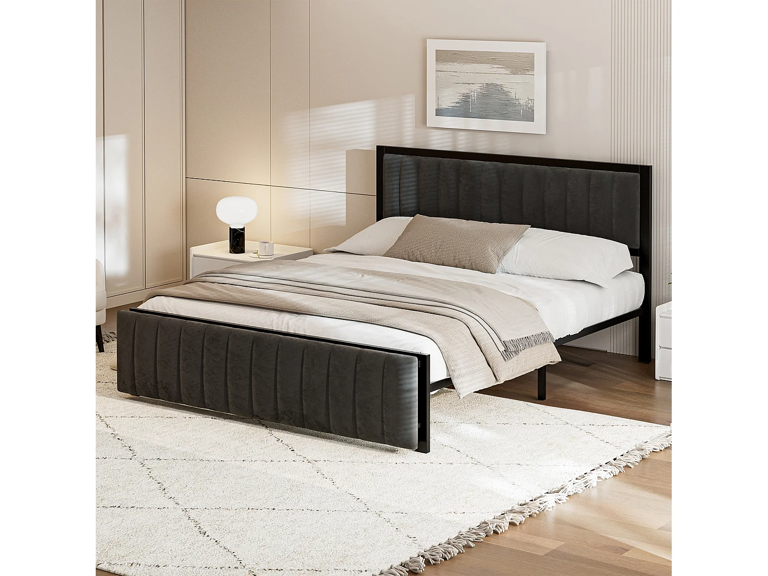 Cama de matrimonio tapizada 140x200 cm, con banqueta abatible, somier de láminas de hierro, terciopelo, gris oscuro
