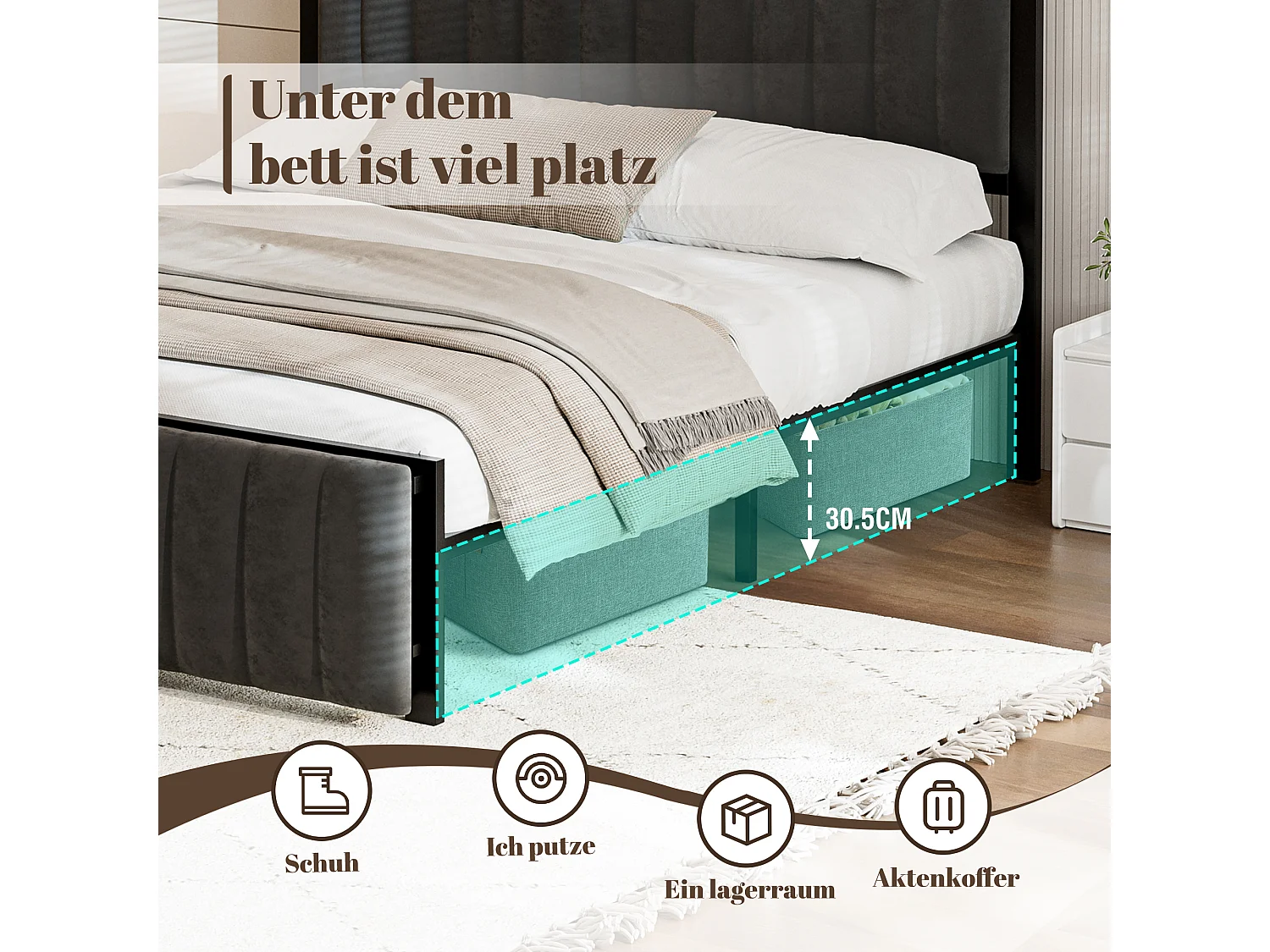 Cama de matrimonio tapizada 140x200 cm, con banqueta abatible, somier de láminas de hierro, terciopelo, gris oscuro