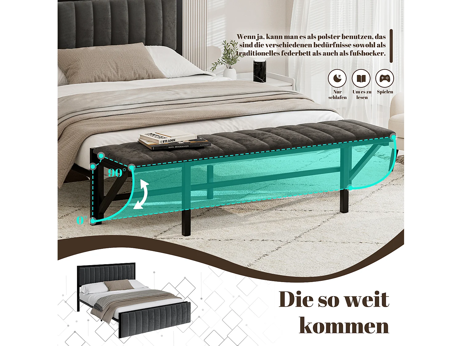 Cama de matrimonio tapizada 140x200 cm, con banqueta abatible, somier de láminas de hierro, terciopelo, gris oscuro