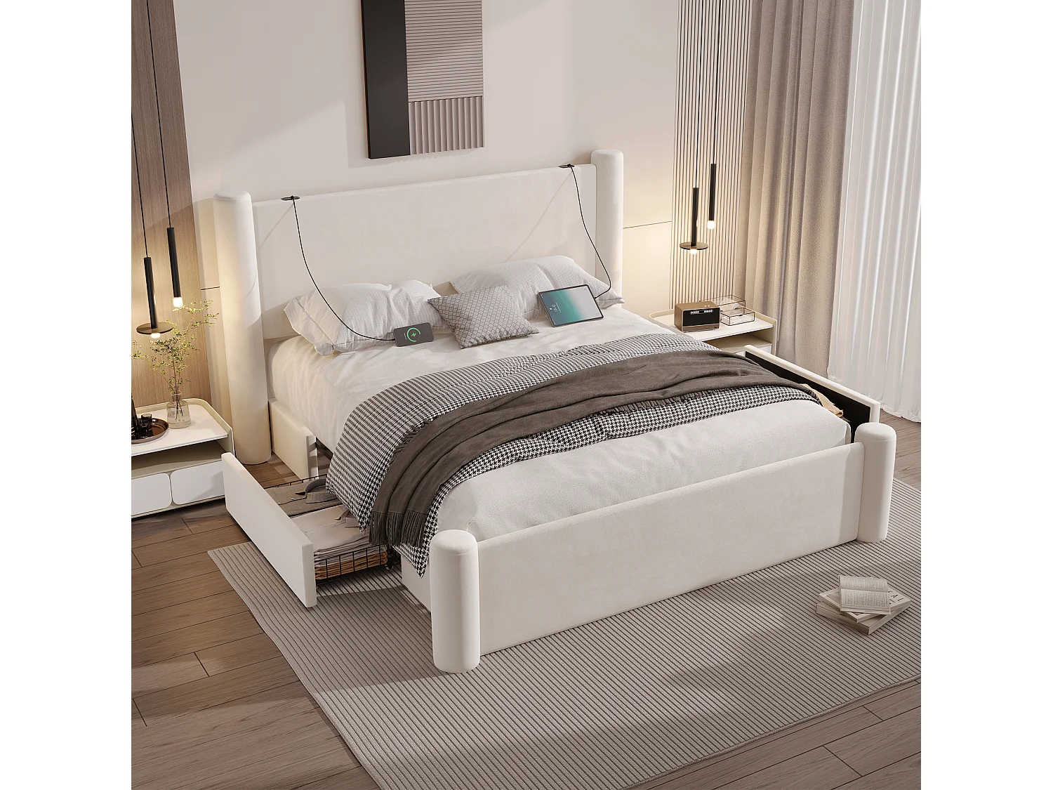 Lit rembourré 140x200 cm, design moderne, colonne 3D, 2 tiroirs de rangement et port USB intégré,Beige