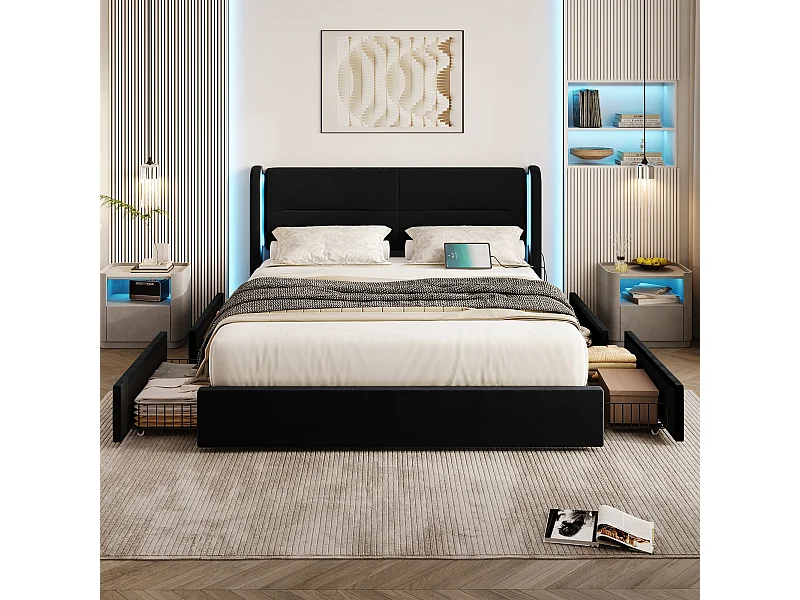 King-size tweepersoonsbed 160 x 200 cm, met LED-verlichting, 4 praktische opberglades twee USB-poorten en extra vleugels,zwart