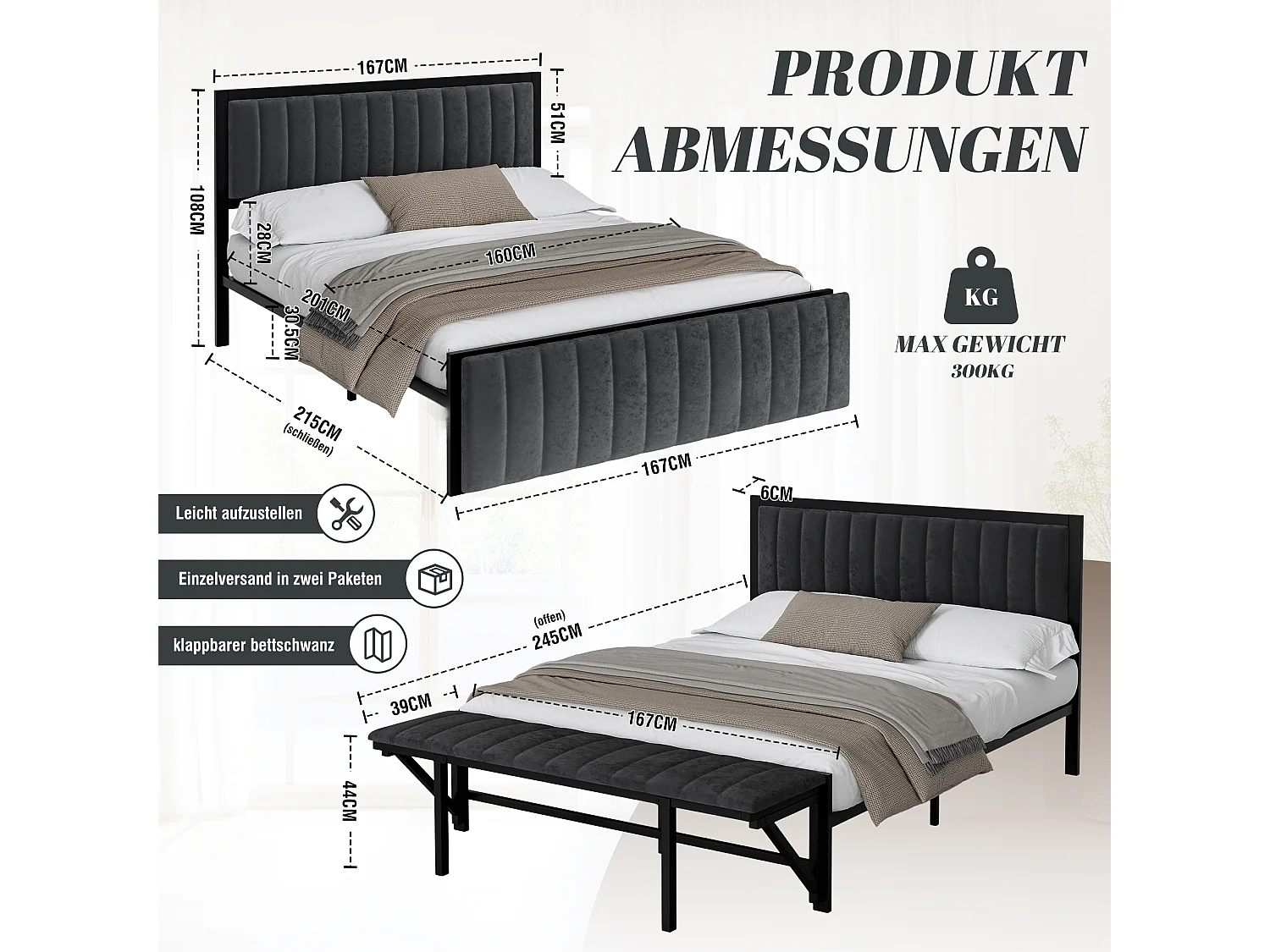 Cama de casal estofada 160x200 cm, com banco na extremidade (rebatível), com espaço de arrumação e organização, veludo, cinzento escuro