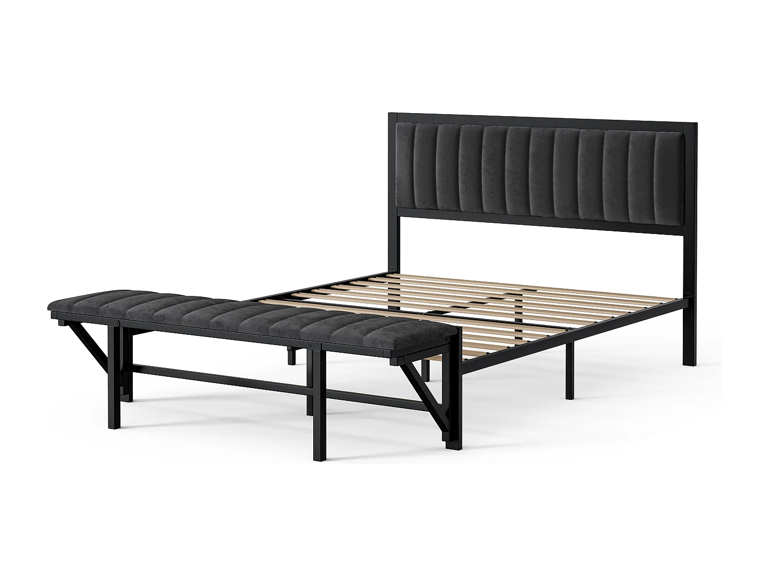 Cama de casal estofada 160x200 cm, com banco na extremidade (rebatível), com espaço de arrumação e organização, veludo, cinzento escuro