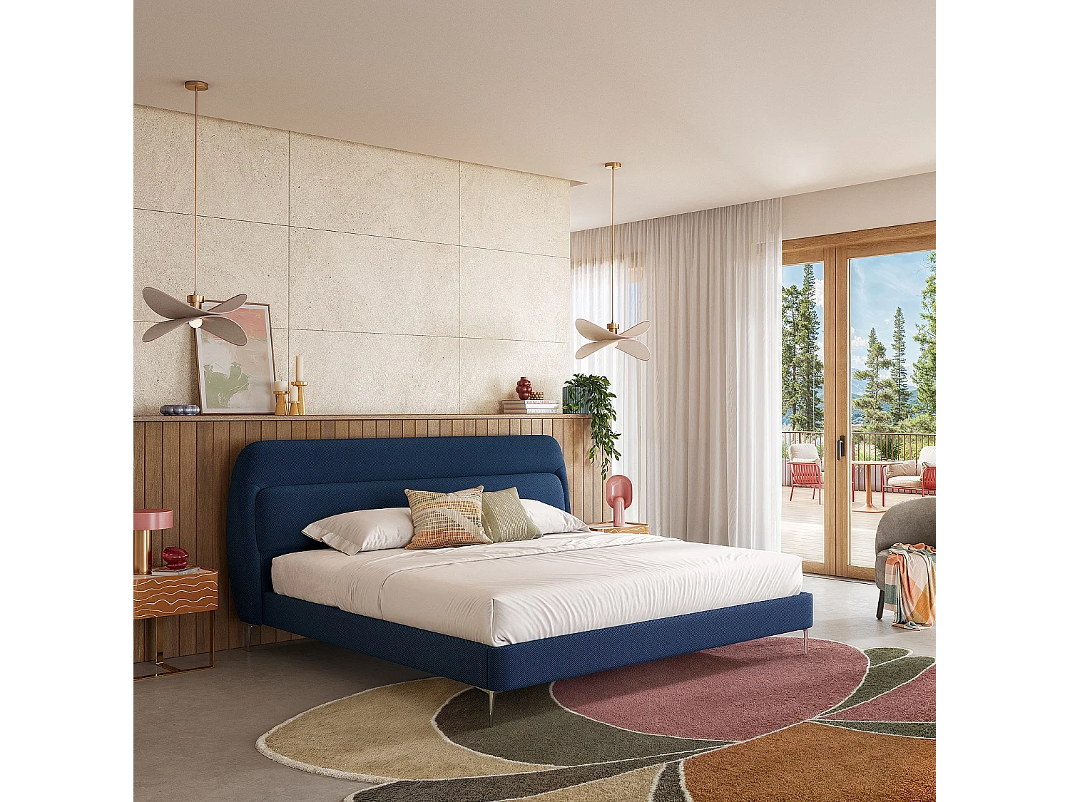 Habitat - Lit 180 x 200 cm en tissu 3D - Bleu marine - Izmir