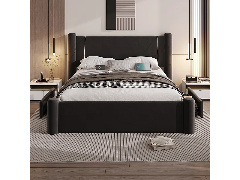 Letto imbottito 160x200 cm, design moderno, colonna 3D, 2 cassetti e porta USB integrata, nero