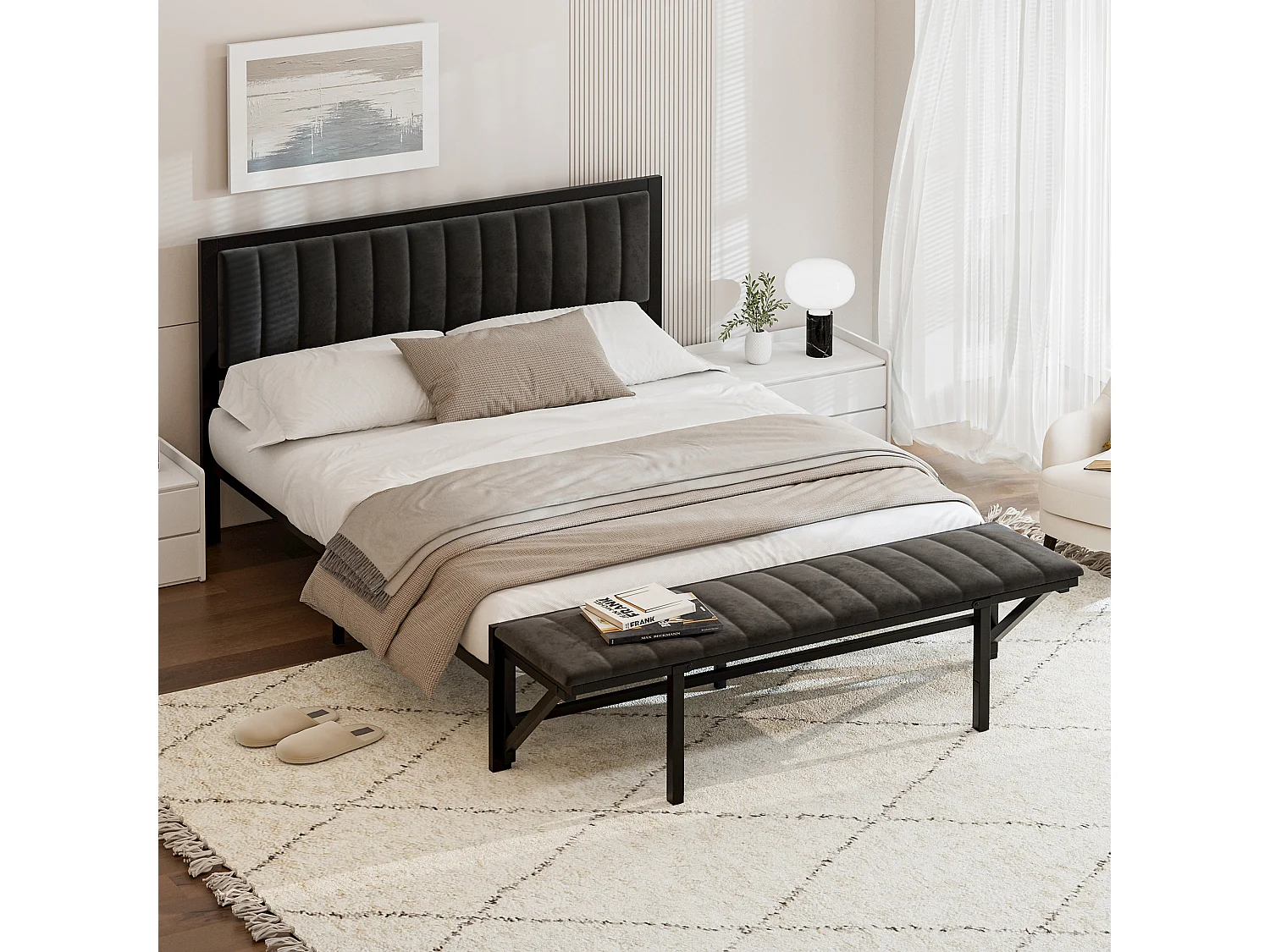 Cama de casal estofada 140x200 cm, com banco de apoio (rebatível), base em ripas de ferro, veludo, preto