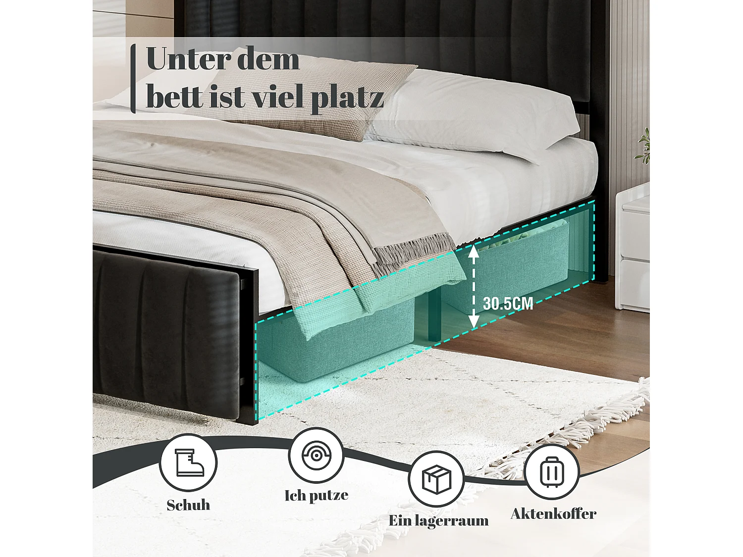 Cama de casal estofada 140x200 cm, com banco de apoio (rebatível), base em ripas de ferro, veludo, preto