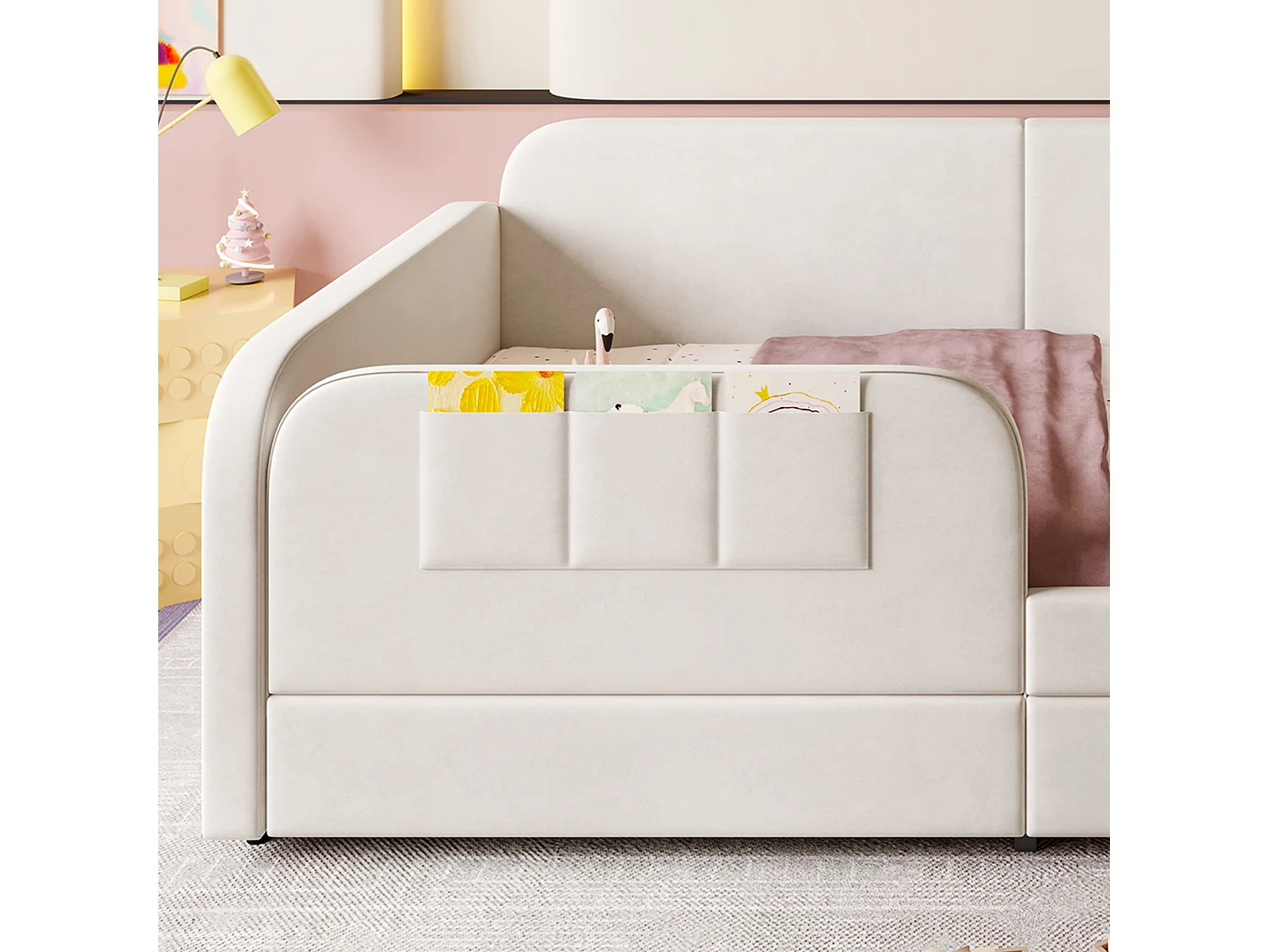 Letto per bambini patchwork con struttura in metallo, 3 tasche portaoggetti, 2 cassetti, velour + MDF + compensato, bianco, 90x200 cm