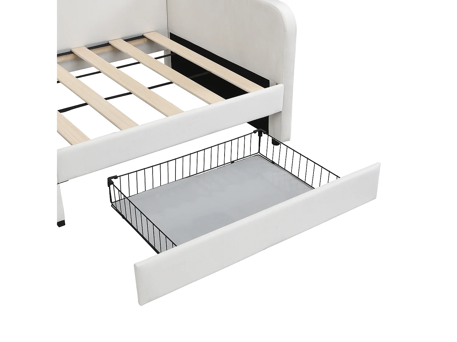 Letto per bambini patchwork con struttura in metallo, 3 tasche portaoggetti, 2 cassetti, velour + MDF + compensato, bianco, 90x200 cm