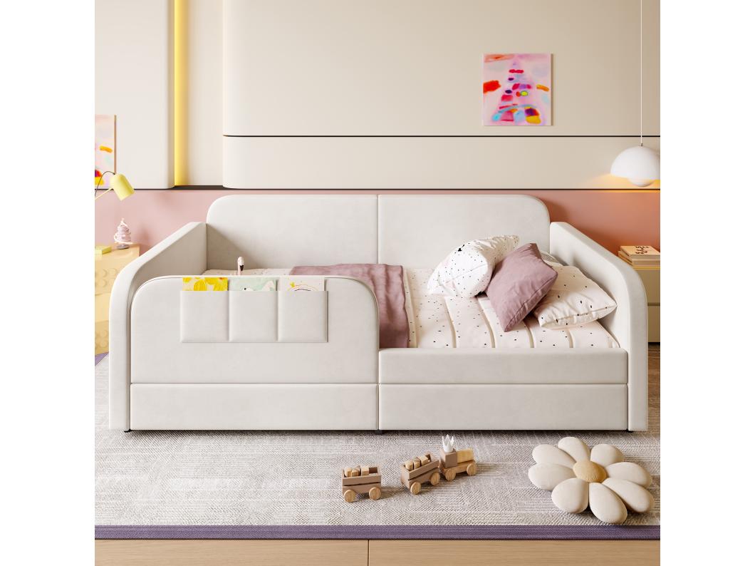 Cama infantil Patchwork con estructura de metal, 3 pequeños bolsillos de almacenamiento, 2 cajones, terciopelo + MDF + madera contrachapada, blanco, 90x200 cm