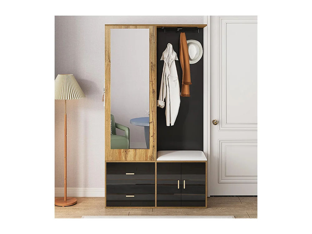 Elegante Garderobengruppe in Schwarz und Rohholz mit Spiegel, Schuhschrank, Schuhbank mit Haken und verschiebbaren Kleiderbügeln.