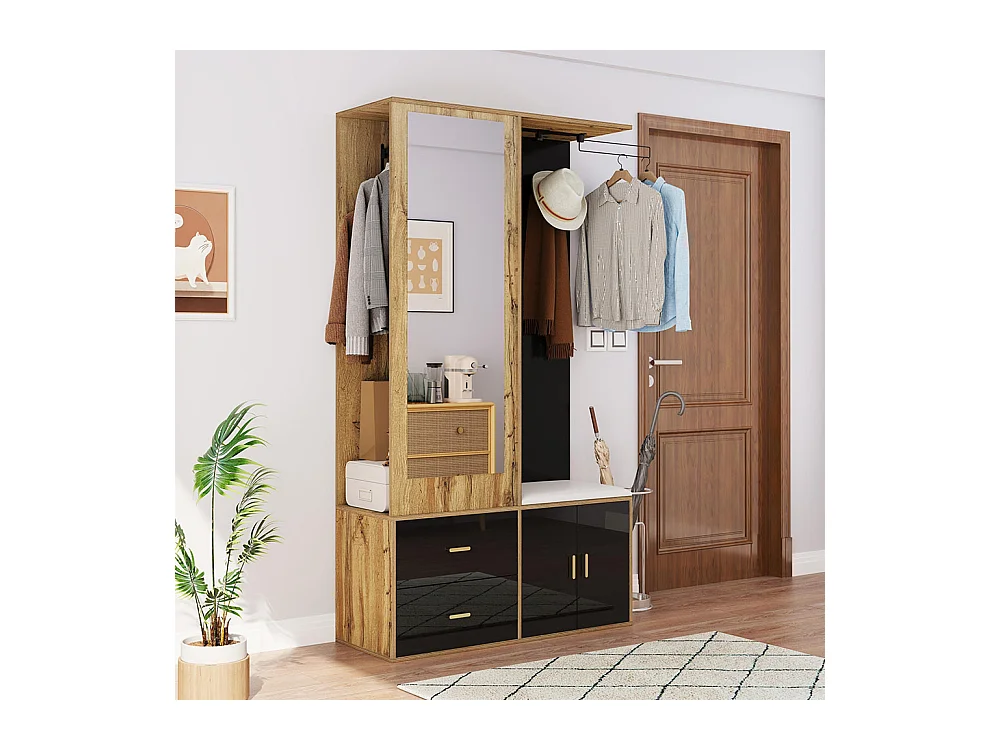 Elegante Garderobengruppe in Schwarz und Rohholz mit Spiegel, Schuhschrank, Schuhbank mit Haken und verschiebbaren Kleiderbügeln.