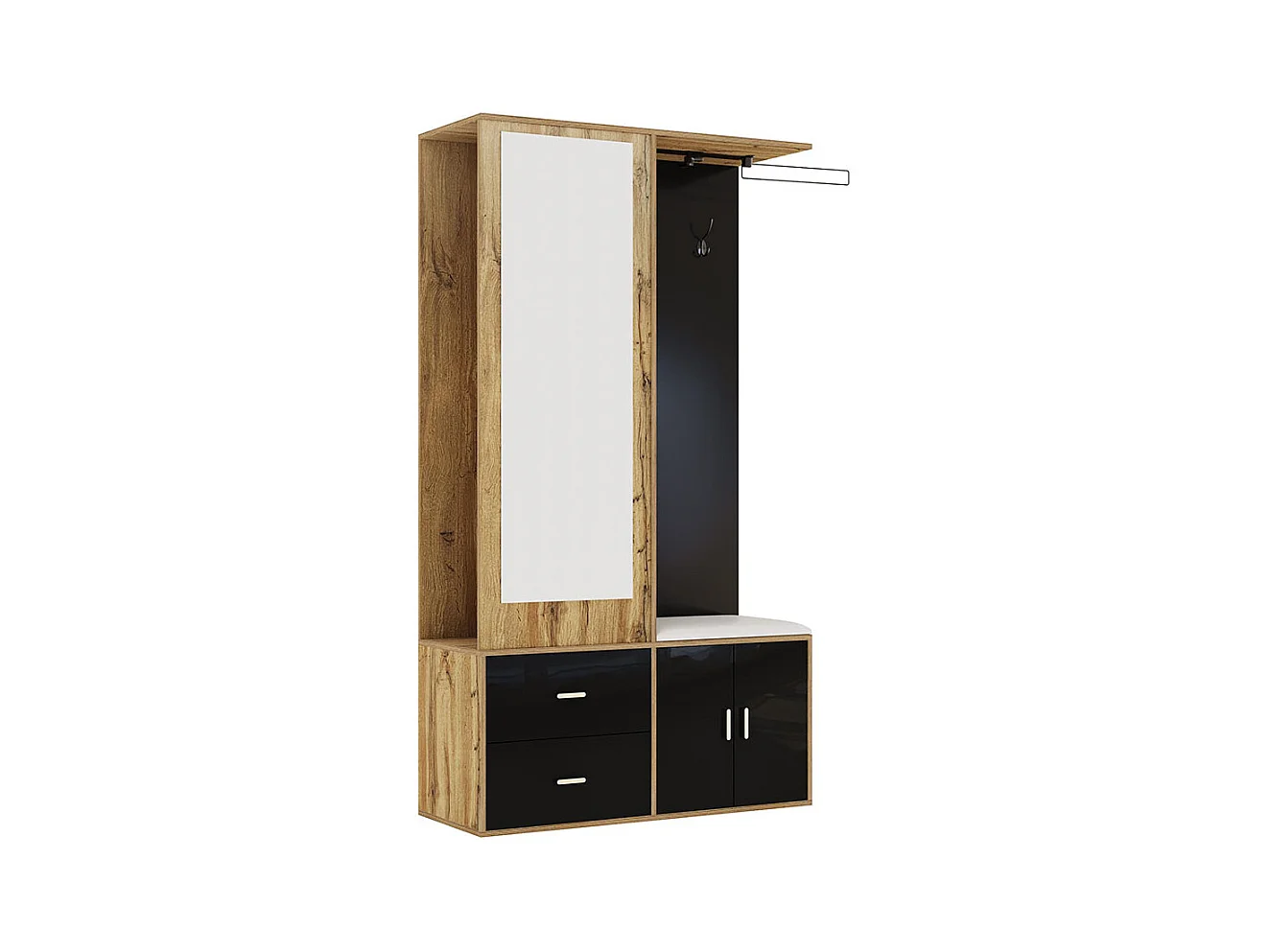 Elegante Garderobengruppe in Schwarz und Rohholz mit Spiegel, Schuhschrank, Schuhbank mit Haken und verschiebbaren Kleiderbügeln.