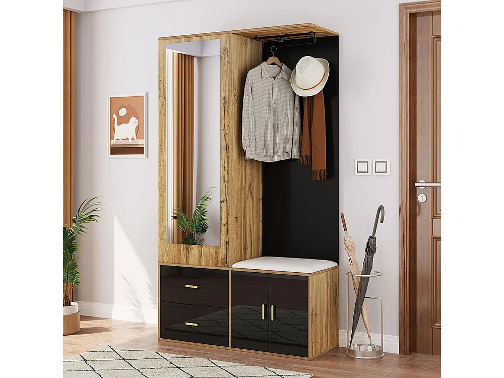 Elégant ensemble penderie en noir et bois brut avec miroir, meuble à chaussures, banc à chaussures avec crochets et cintres coulissants