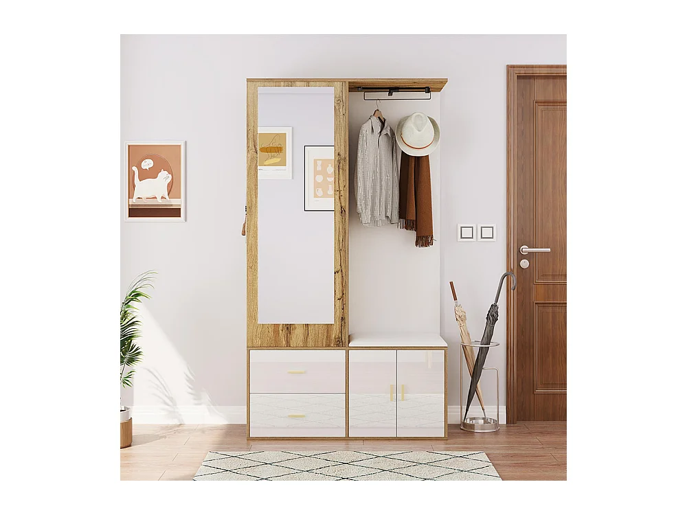 Elegante Garderobenkombination in Weiß und unbehandeltem Holz mit Spiegel, Schuhschrank, Schuhbank mit Haken und verschiebbaren Kleiderbügeln.