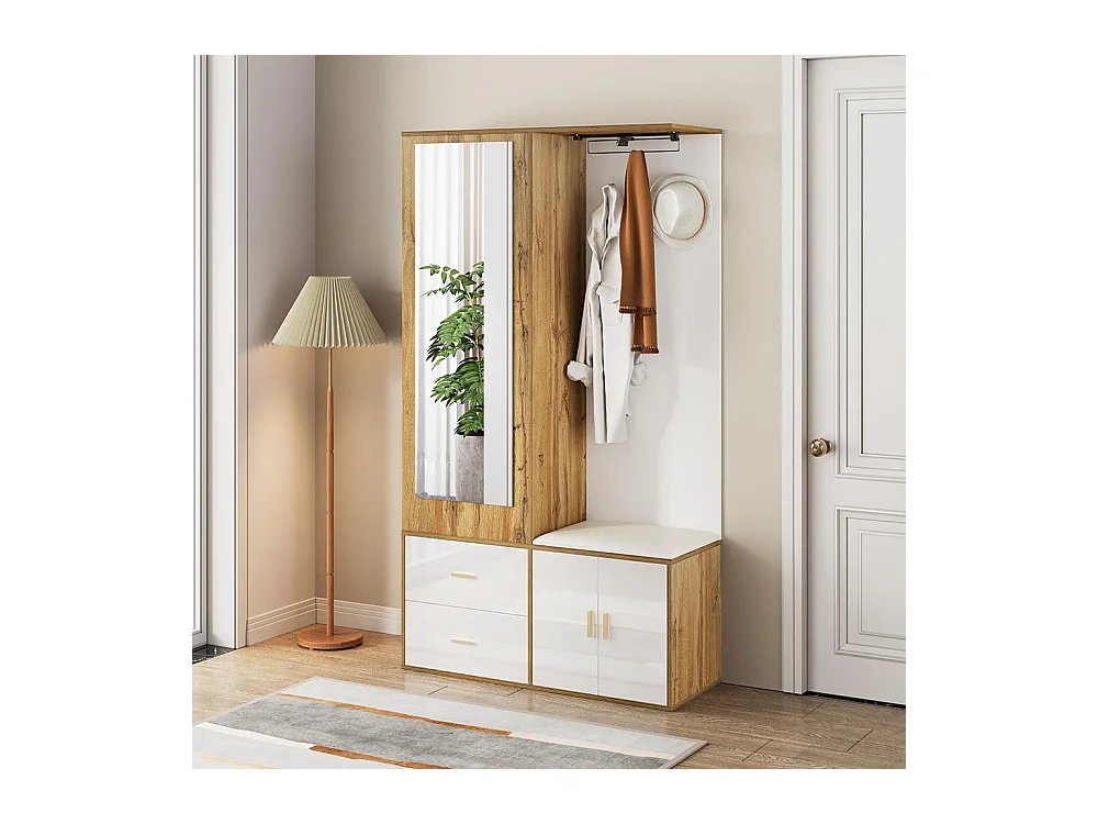 Elegante Garderobenkombination in Weiß und unbehandeltem Holz mit Spiegel, Schuhschrank, Schuhbank mit Haken und verschiebbaren Kleiderbügeln.