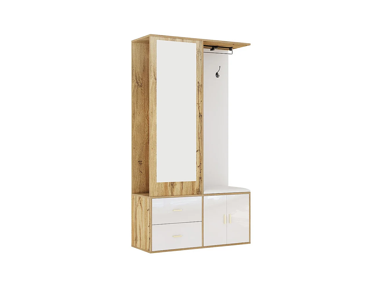 Elegante Garderobenkombination in Weiß und unbehandeltem Holz mit Spiegel, Schuhschrank, Schuhbank mit Haken und verschiebbaren Kleiderbügeln.