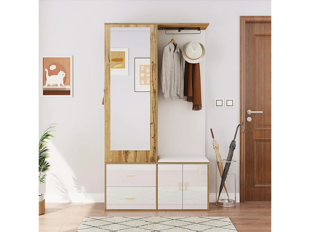 Elégant ensemble penderie en blanc et bois brut avec miroir, armoire à chaussures, banc à chaussures avec crochets et cintres coulissants