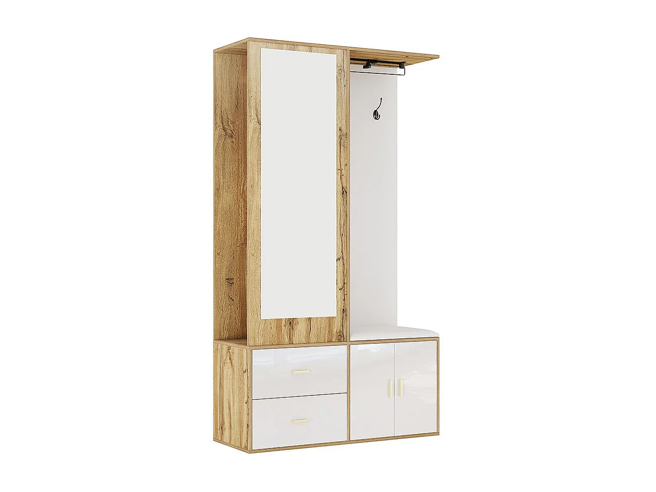 Elégant ensemble penderie en blanc et bois brut avec miroir, armoire à chaussures, banc à chaussures avec crochets et cintres coulissants