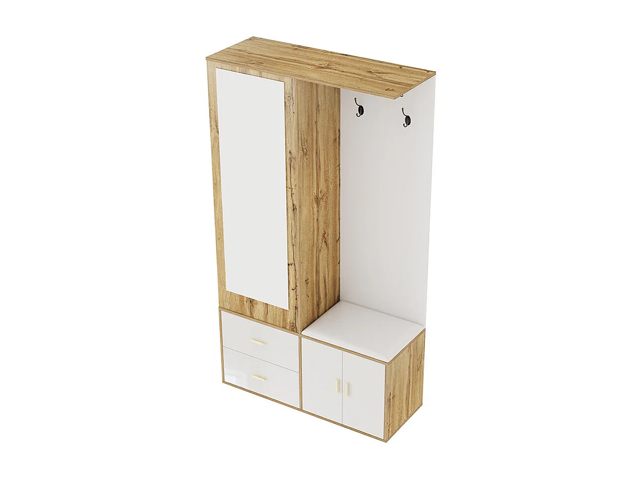 Elégant ensemble penderie en blanc et bois brut avec miroir, armoire à chaussures, banc à chaussures avec crochets et cintres coulissants