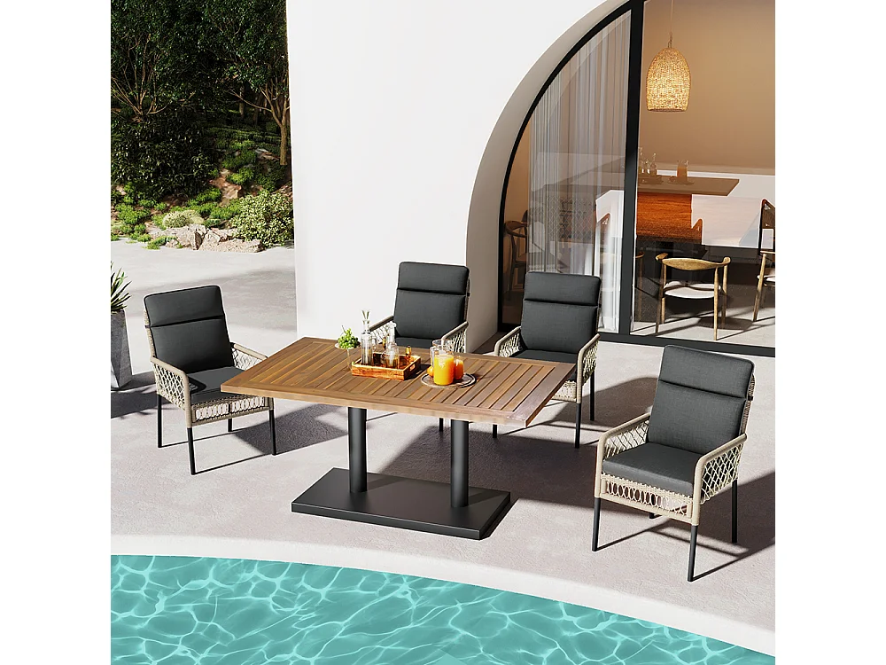 Conjunto de mesa e cadeira de exterior de 5 peças para 4 pessoas em simultâneo, com tampo de mesa em madeira maciça de acácia e cadeiras em rotim PE