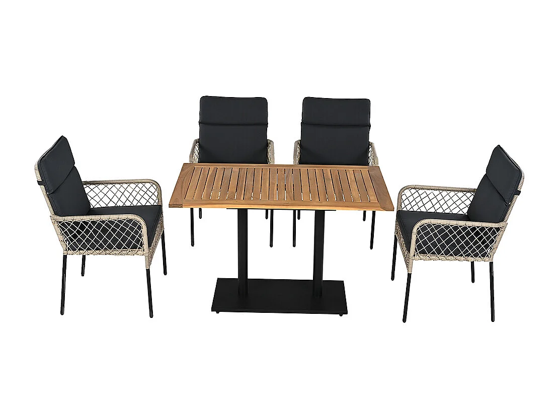 Conjunto de mesa e cadeira de exterior de 5 peças para 4 pessoas em simultâneo, com tampo de mesa em madeira maciça de acácia e cadeiras em rotim PE
