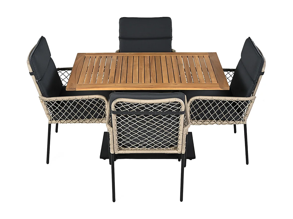 Conjunto de mesa e cadeira de exterior de 5 peças para 4 pessoas em simultâneo, com tampo de mesa em madeira maciça de acácia e cadeiras em rotim PE